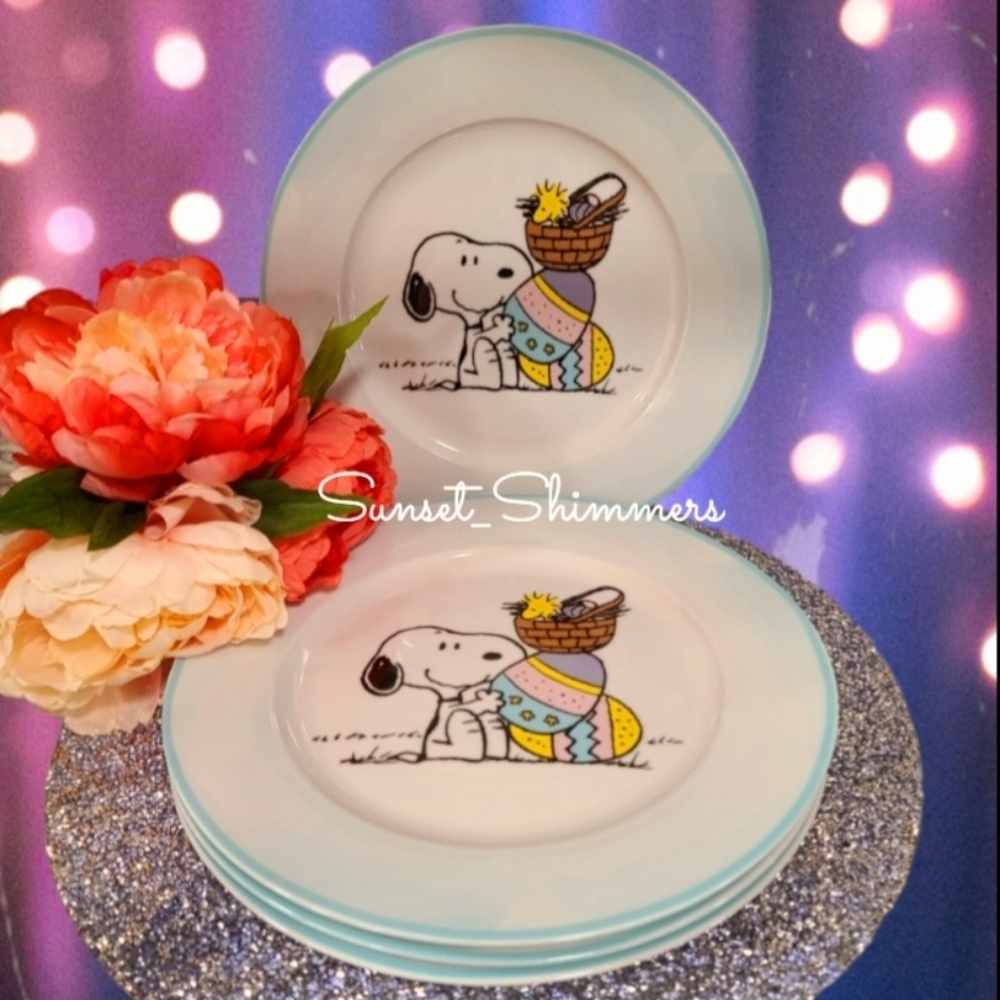 4pc Set Peanuts Snoopy Woodstock Easter Basket Eggs Porcelain Dinner Plates New